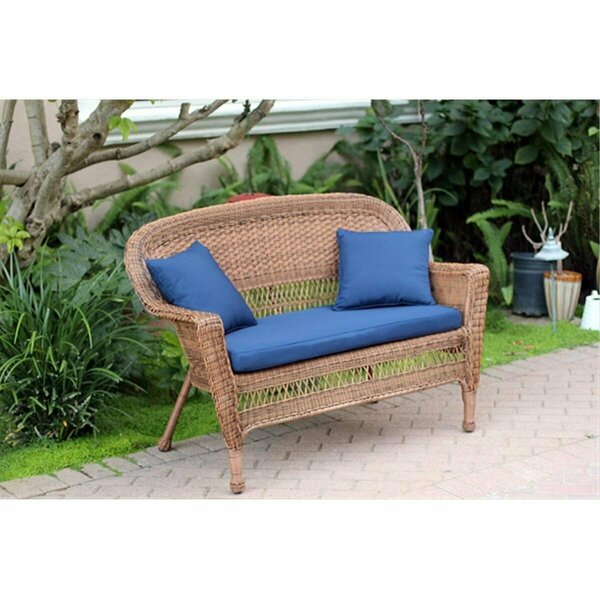 Jeco Honey Wicker Patio Love Seat With Blue Cushion And Pillows W00205-L-FS011-CL